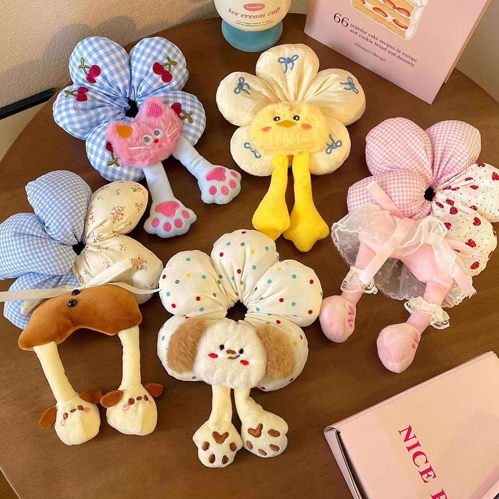 Taiwan Ready Stock Cute Cartoon Funny Flower Scrunchy Hair Tie Female High-End Feel Filled Cotton Three-Dimensional Puppy Head Little Yellow Duck [Can Receive Tickets]