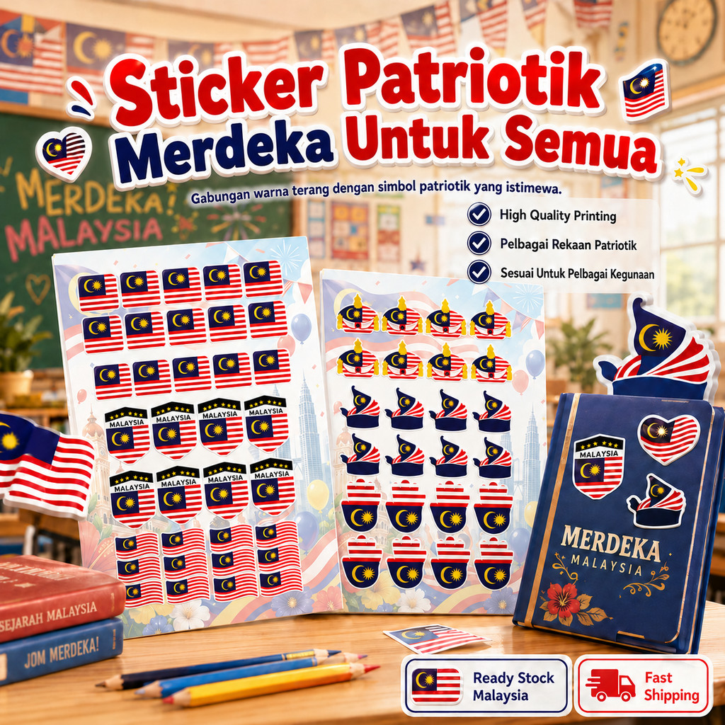 VCR Malaysia Merdeka Sticker Sheet A5 Malaysian Flag Patriotic Stickers for School Office Events Gifts DIY Crafts