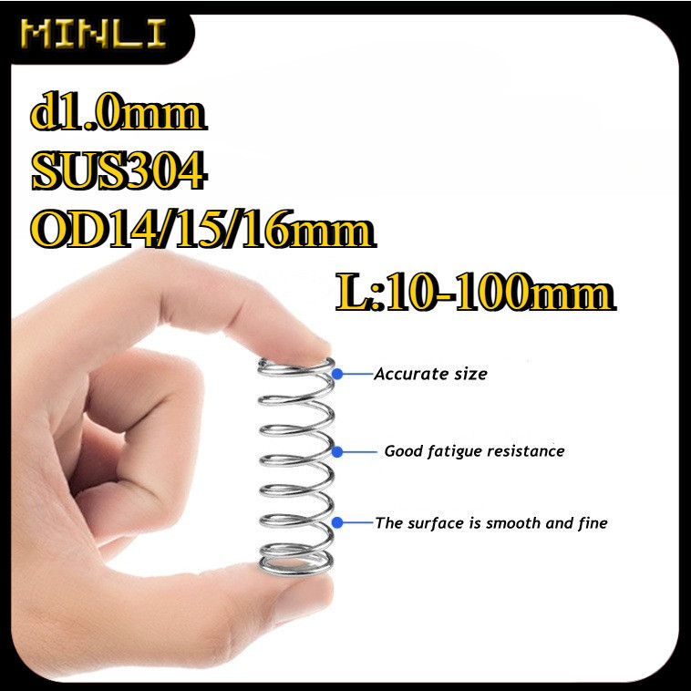 Spring Mampat / Compression Spring SUS304 1.0mm - OD14/15/16mm, Panjang 10-100mm - Untuk Mesin, Alat, Kelengkapan Industri ﻿ (THL-MY)