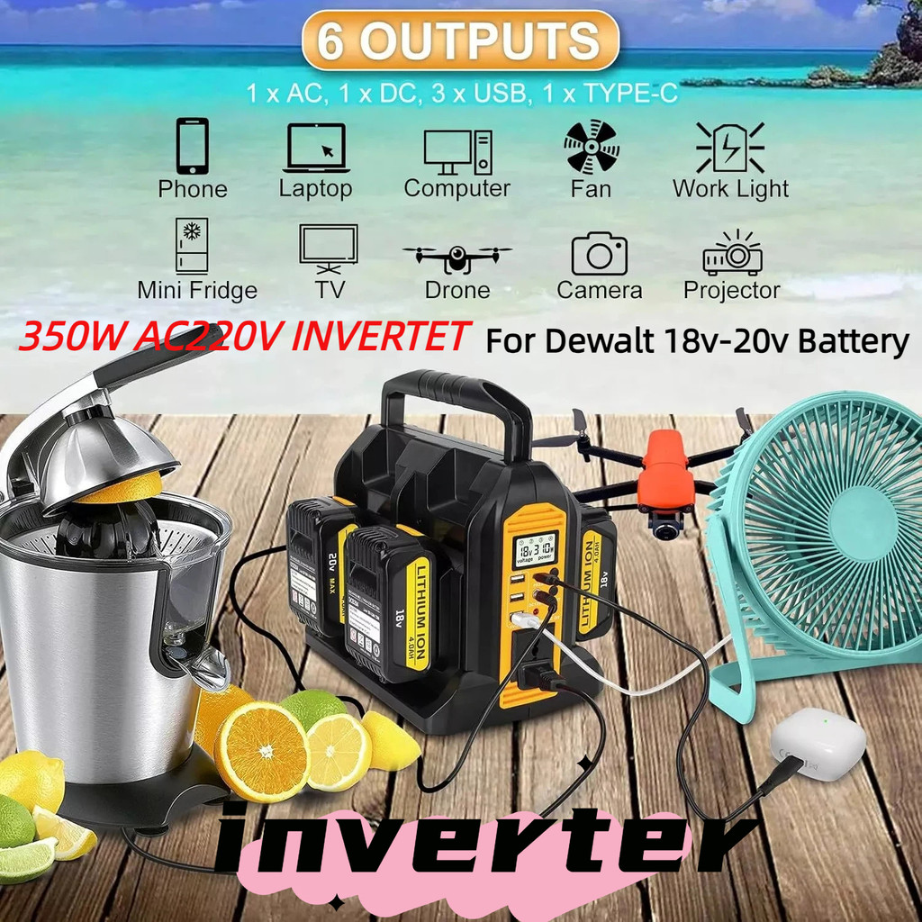 350W Power Inverter for Dewalt 20v 60v Battery 4-Ports DC 20V to AC 120V/220-230V Pure Sine Wave Inverter with 300LM LED Light
