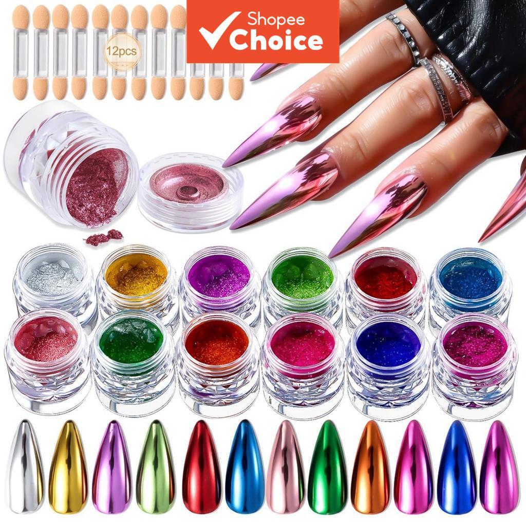 Nail Chrome Plating Powder Set - 12-Color Holographic Metal Mirror Effect Chrome Plating Glitter Powder, Nail Art Gel Polish, Decorative Resin for Home/Salon Set serbuk sadur krom kuku 12 warna holografik logam cermin krom berkilau seni kuku gel menggilap
