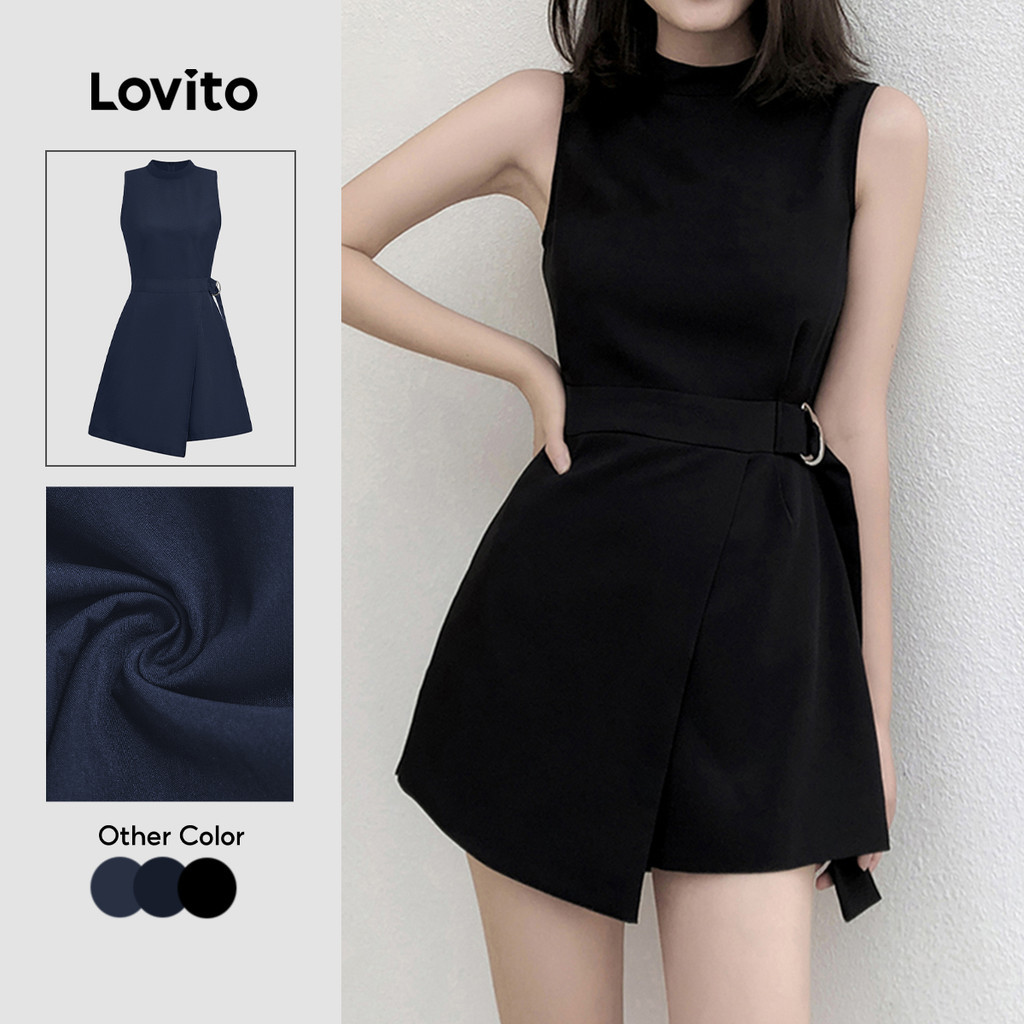 Lovito Elegant Plain Asymmetrical Metal Buckle Spring/Summer Black Jumpsuit for Women L135A2D274