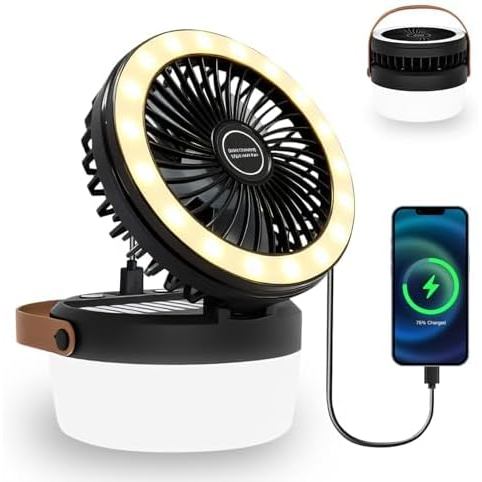 Kipas Perkhemahan 3-dalam-1, Kipas Solar Mudah Alih Boleh Dicas Semula dengan Lampu LED, Dikuasakan oleh Bateri & Lampu Perkhemahan Solar dengan Cangkuk Gantung untuk Khemah, Kipas USB 3 Kelajuan untuk Keperluan Perkhemahan