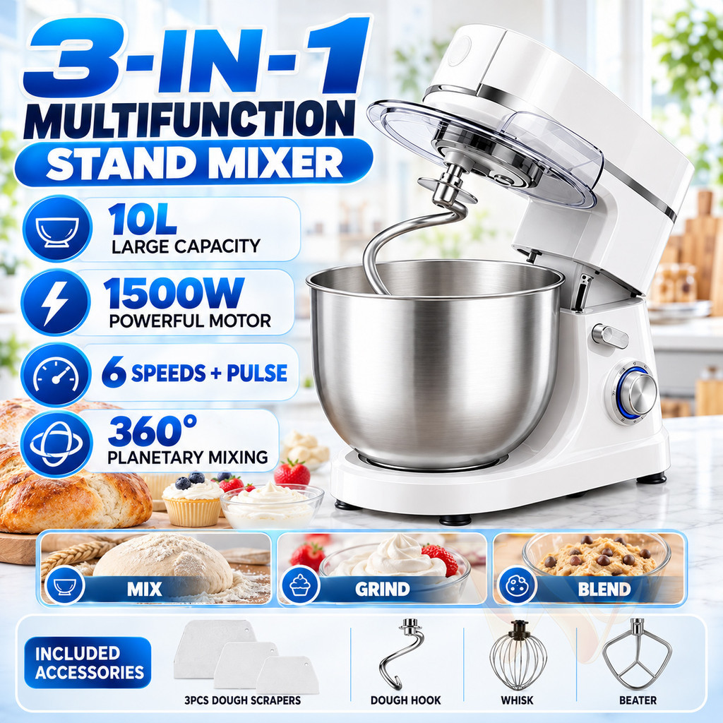 Stand Mixer 10L 1500W Dough Mixer Cake Mixer Heavy Duty Baking Machine Pengadun Berdiri Mesin Adun Mesin Uli Tepung Doh