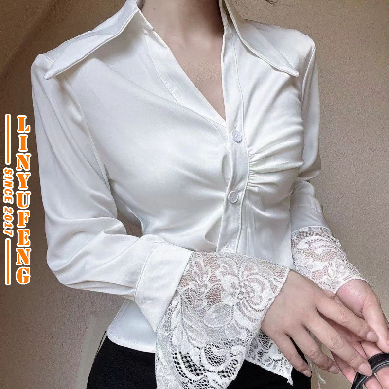 ?Linyufeng? White Blouse Women Lace Cuffs Slim Waist Collar Korean Style Long Sleeve Loose Casual Fashion Classy Elegant Fitted Ironless Ladies Shirt Top Baju ootd Kemeja Lengan Panjang Perempuan Wani