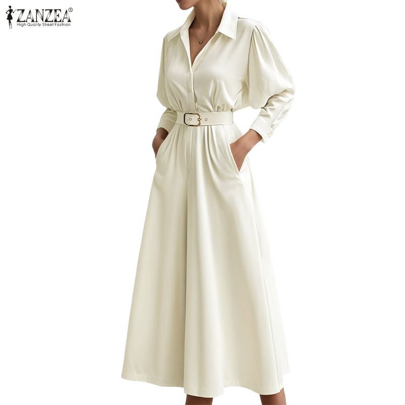 ZANZEA Women Korean Fashion Open-front Pocket Solid H-shaped 3/4 Sleeve Jumpsuit