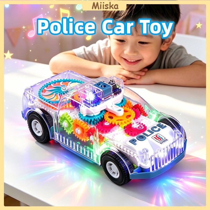 Police Car Toy Electric Light Sound Transparent Rotating Gear Kids Birthday Gift Mainan Kereta Polis