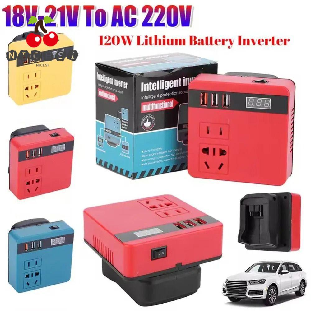 NICESI 1Pcs Battery Inverter, Dual Plug 120W Smart Transformer, Multifunctional Household 18V 20V To 220V Outdoor Work Inverter For Makita For Dewalt For Milwaukee 18V Battery