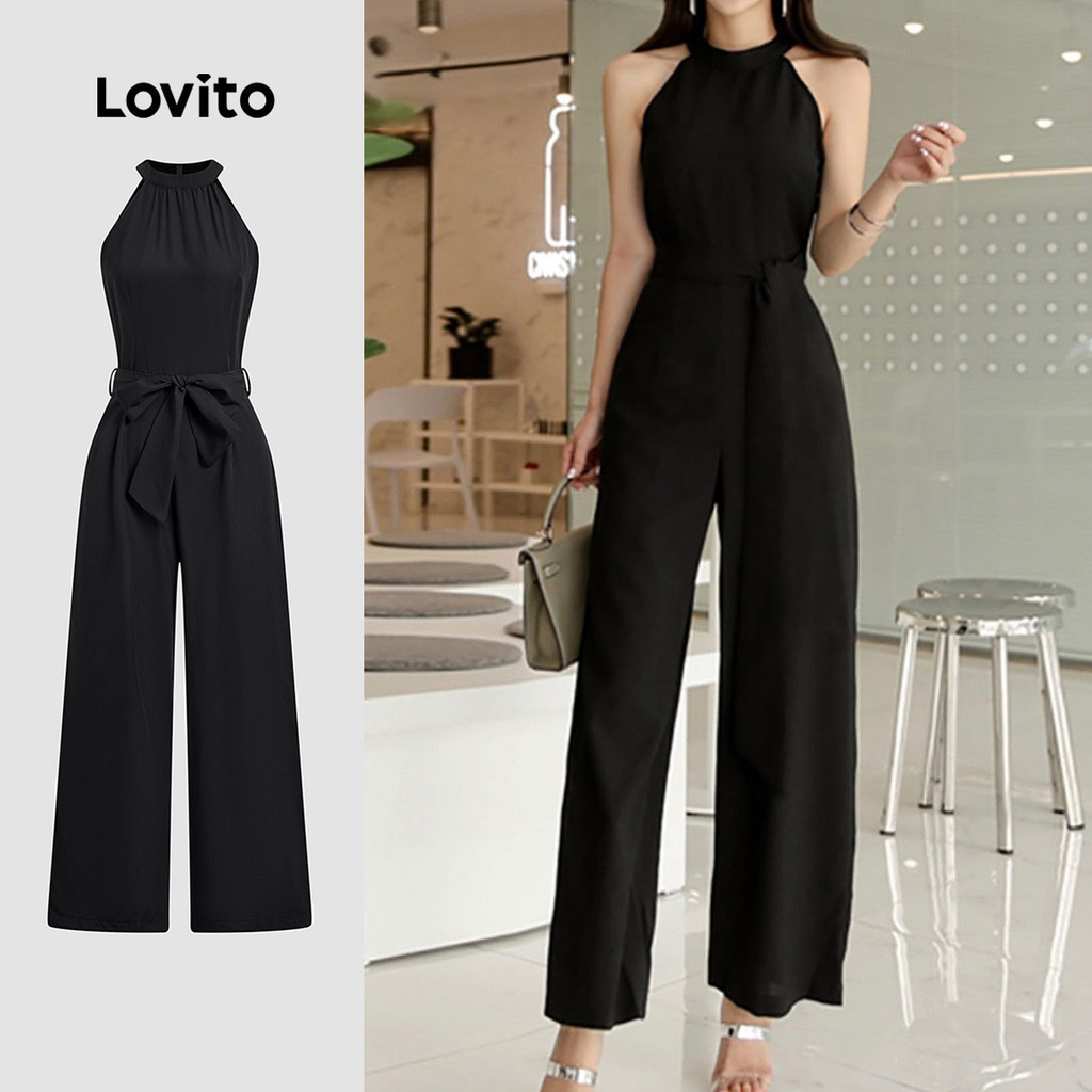 Lovito Elegant Jumpsuit Belted Cut Out Spring/summer Black Jumpsuit for Women L143ED031 Lovito Elegant Jumpsuit Berikat dengan Potongan Terbuka Sesuai untuk Musim Bunga/panas Berwarna hitam L143ED031
