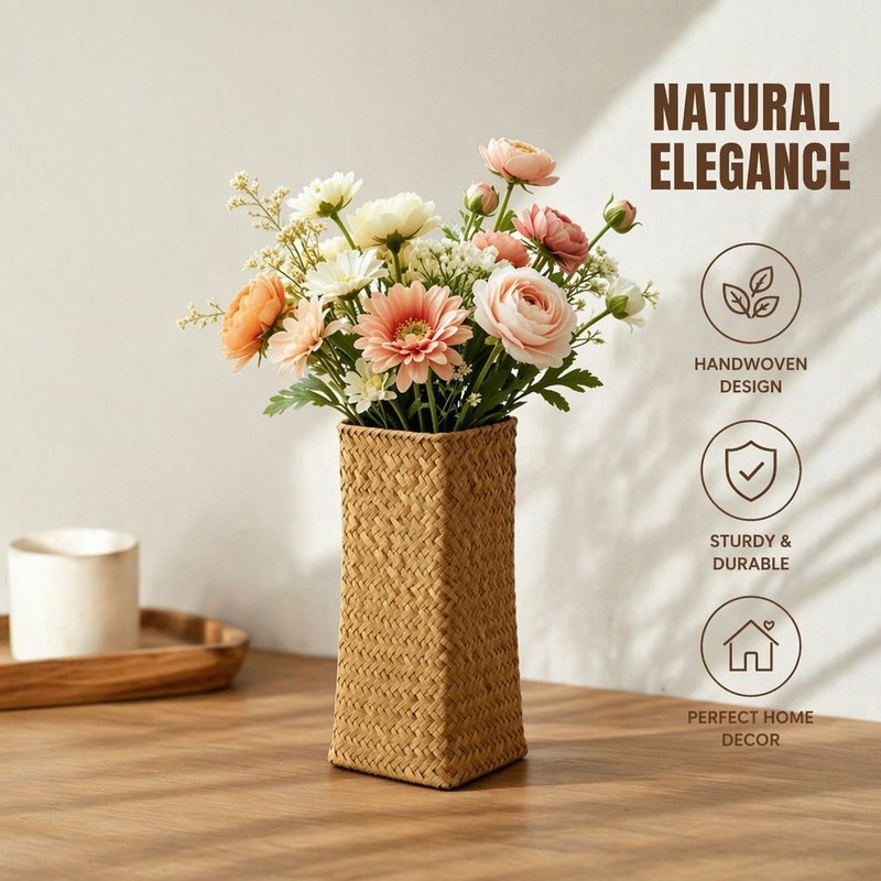 Woven Rattan Vase Natural Bamboo Basket Handcrafted Home Decor Pampas Dry Flower Boho Hiasan