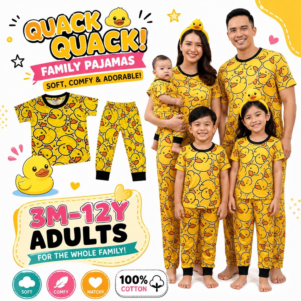 (NB-Adult) OBW Yellow DUCK Pajamas Cotton Kids Sedondon Pyjamas Sleepwear Boy Baju Tidur Budak Kanak Lelaki Itik Family