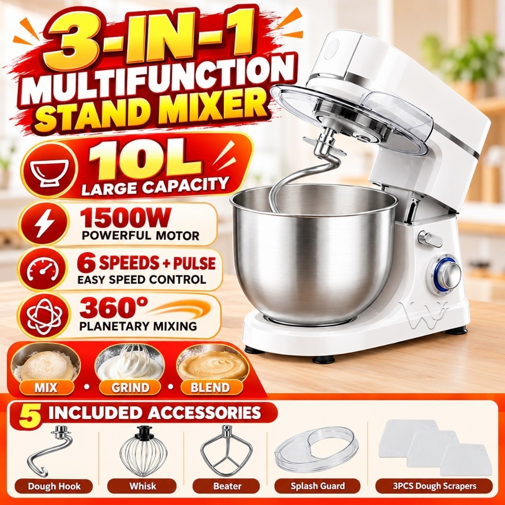 10L Stand Mixer 1500W Dough Mixer Dough Kneader Cake Bread Baking Kitchen Mixer Mesin Adun Mesin Uli Tepung Doh