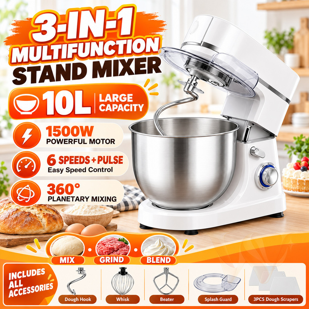 10L 1500W Heavy Duty Stand Mixer Dough Mixer Dough Kneader Baking Mixer Mesin Adun Mixer Cake Mesin Uli Tepung Doh