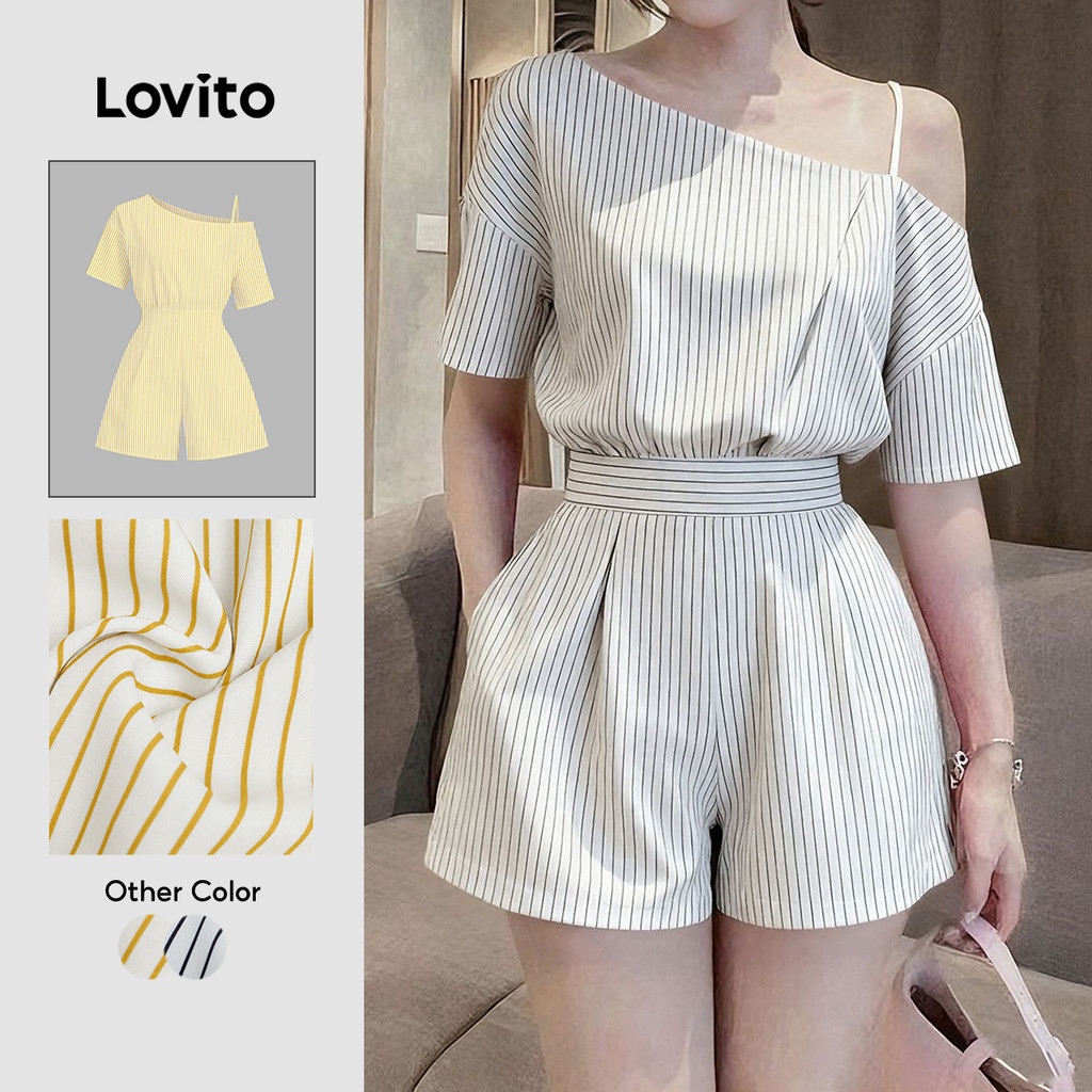 Lovito Casual Jumpsuit Asymmetrical Spring/summer Black and White Jumpsuit for Women L158ED1250 Lovito Casual Jumpsuit Asimetri Musim Bantalak/panas Hitam Putih untuk Wanita L158ED1250