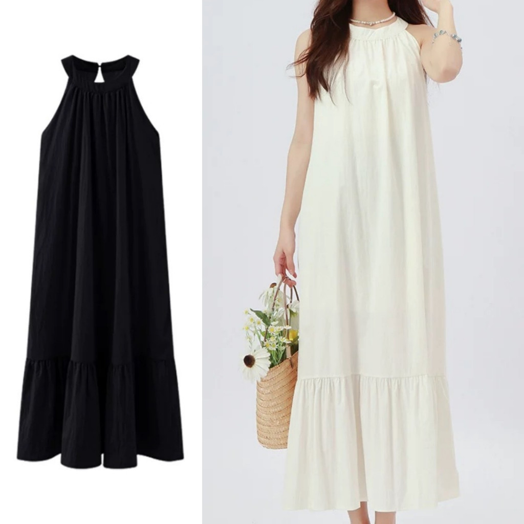 ✨【READY STOCK】Bella Women Korean Style Suspender Long Dress Sleeveless Black Dress Off-Shoulder Summer Casual Clothing