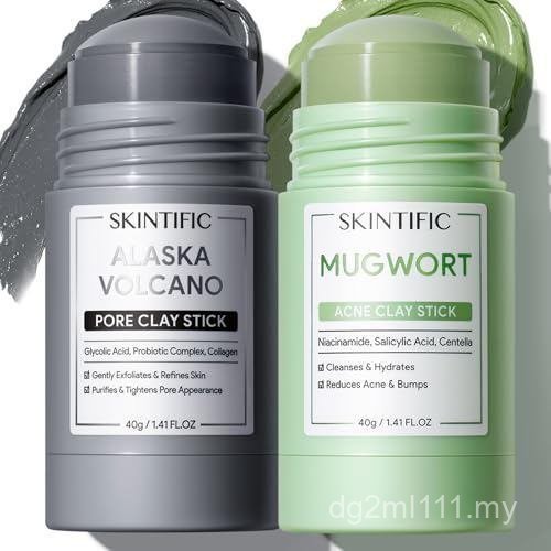 SKINTIFIC Clay Mask Stick Duo: Deep Pore Cleansing Blackhead Remover + Mugwort hing Redness Control Mud Mask Set H3HK