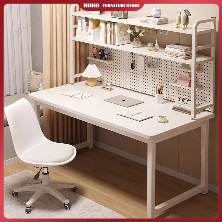 Solid wood computer desk with perforated panel desk, bedroom bookshelf, integrated study desk, home use, girls' bedroom, cream-colored, white desk