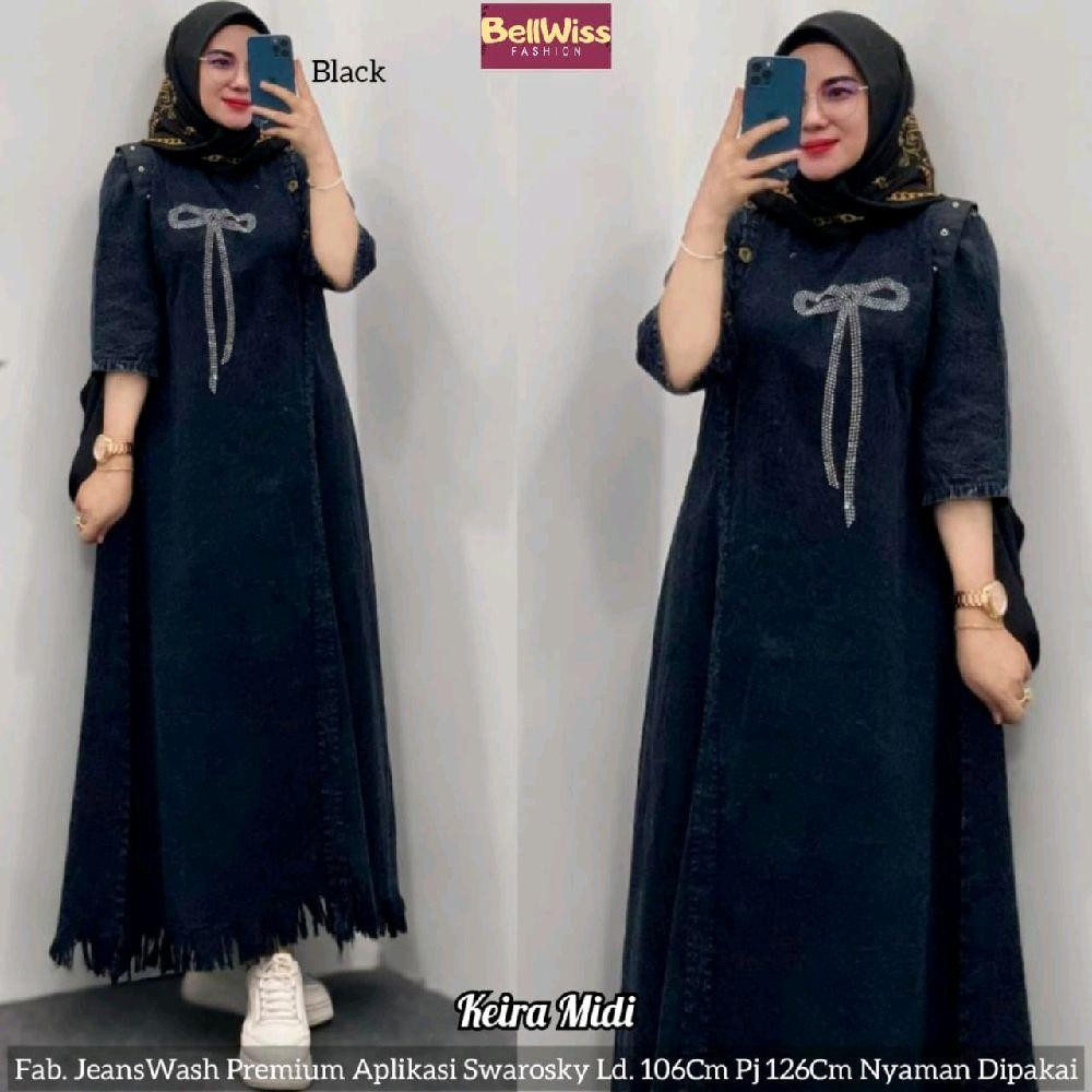Ready to Ship • Keira/Alika/Reni/Melani/Dumna Midi Dress • Midi Dress Jeans Wash Rawis Latest Viral Swarovski Patch Application • Matt Jeans Wash Premium Ld ±110 PB ±125 • Women's Party Casual Muslim 