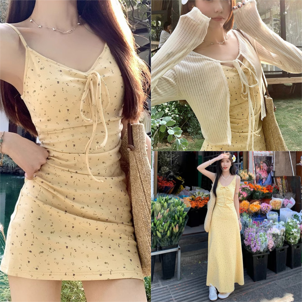 Yellow Bow Floral Sling Dress Women Narrow Waist Skirt