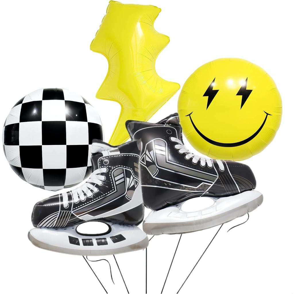 5Pcs Belon Hoki Hiasan Hari Lahir Hoki Ais/Belon Luncur Ais Kuning Kilat Smiley Checker/Pesta Hari Lahir Retro 80-an 90-an/Pesta Estetik Lelaki Keren Luncur Ais Jalanan/Remaja B