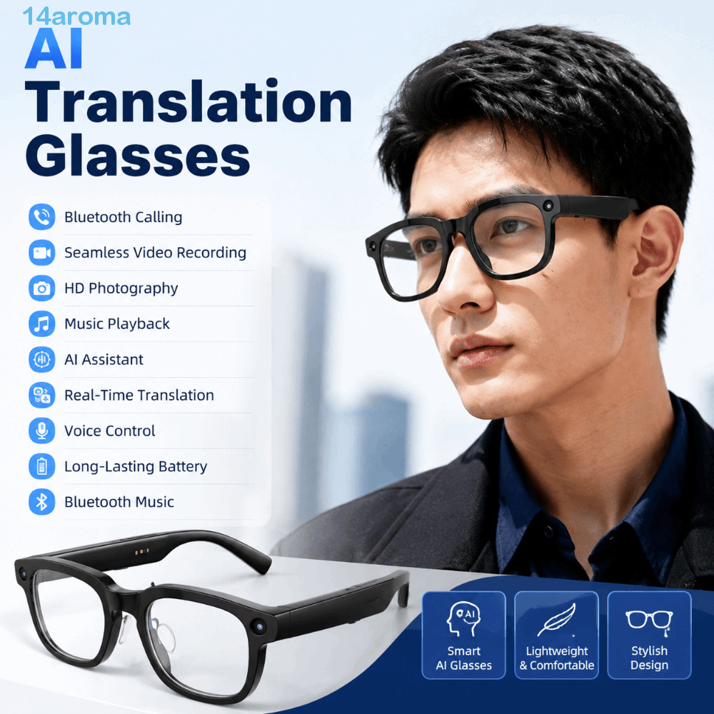 AROMA AI Smart Glasses, Real-time Translation Wearable Tech Smart AI Glasses, Augmented Reality Anti-Blue Light 1080P Video Recording AI Voice Smart Video Glasses Voice Assistant