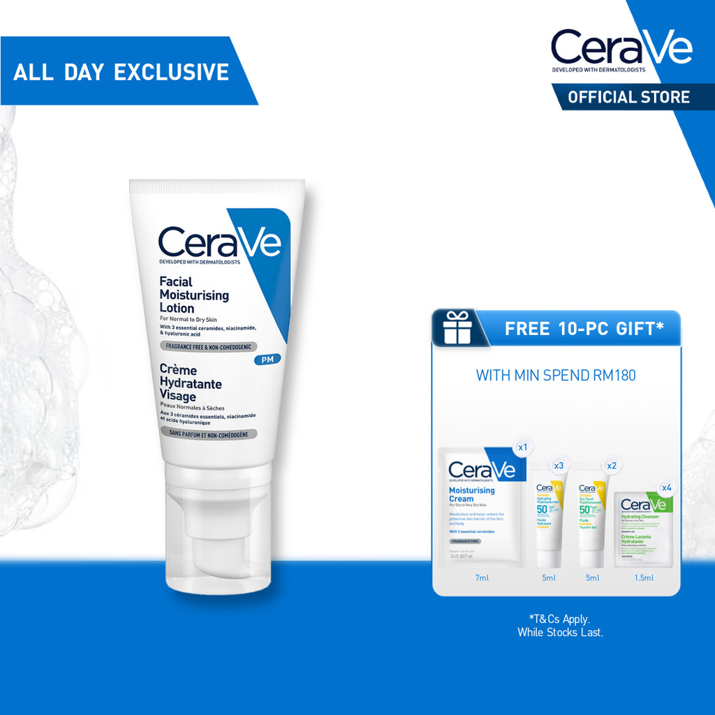 CeraVe PM Facial Lotion (52ml) Night Moisturizer with Ceramides & Niacinamide for Normal to Dry Skin