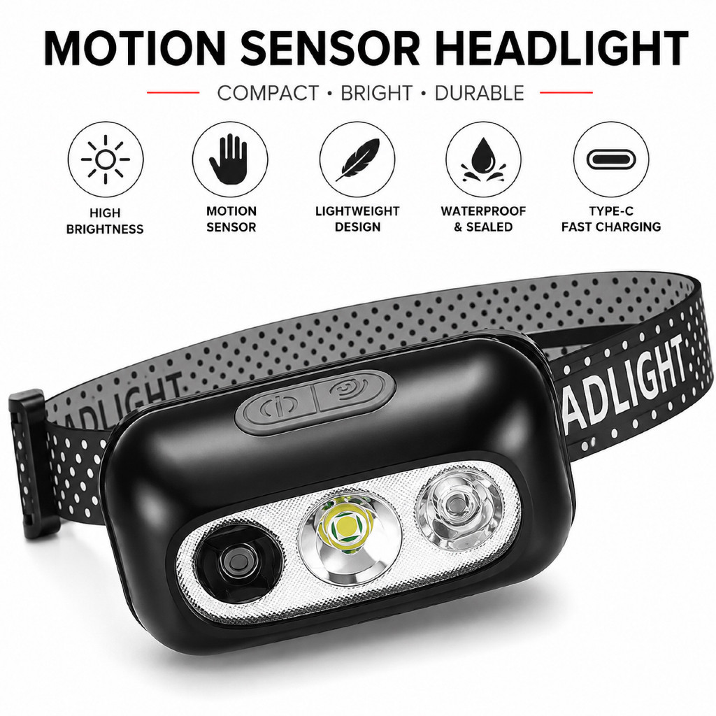 LED Motion Sensor Headlamp Rechargeable USB Type-C Waterproof Hands-Free Head Torch for Fishing, Camping, Hiking, Jungle