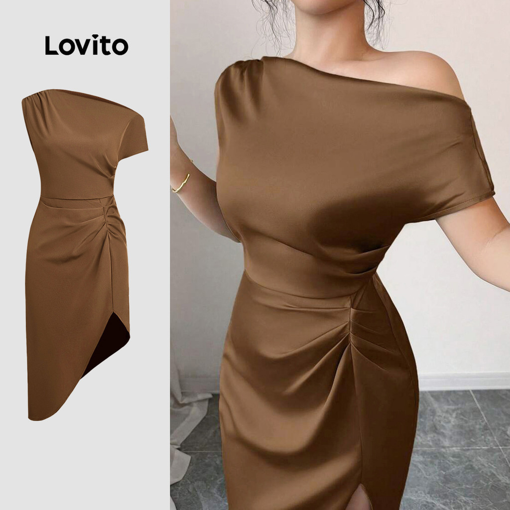 Lovito Elegant Glamorous Dress Summer/Spring Pleated Zipper Brown Dress for Women L155AD343 Lovito Elegant Gaun Glamor Gaun Coklat Berlipat Zip Musim Panas/musim Bunga Untuk Wanita L155AD343