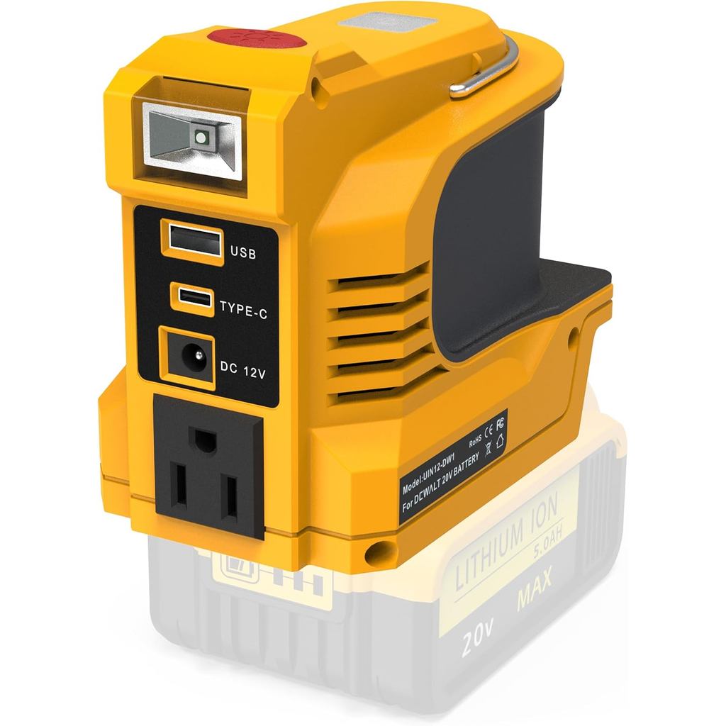 RETRUE 200W Inverter Kuasa Mudah Alih untuk Bateri Dewalt 20V, Stesen Kuasa Mudah Alih DC 20V ke AC 120V dengan 1 Port USB & 1 Pengecasan Pantas Type-C, LED 200LM, untuk Kegunaan Berkhemah & Kecemasan