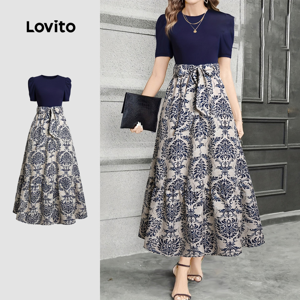 Lovito Elegant Dress Lace Up Colorblock Spring/summer Dress for Women LK3ED612 Lovito Elegant Kākahu Reti Tae Poraka Kākahu Koanga/Raumati mō ngā Wahine LK3ED612