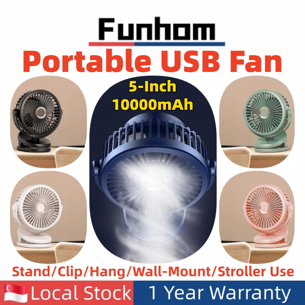 [SG]Kipas USB Mudah Alih 10000mAh 5 Inci dengan Fungsi Berdiri/Klip/Gantung/Kipas Stroller, Hayat Bateri Panjang, Kelajuan 1-4, Angin Lembut & Kuat