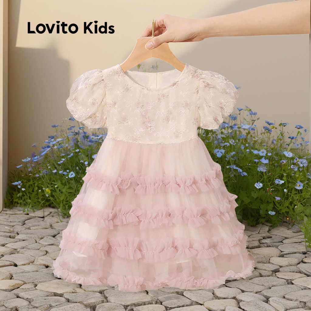 Lovito Kids Casual Party Dress Tiered Layer Spring/summer Pink Dress for Girl LNL123157 Lovito Pakaian Pesta Kasual Kanak-kanak Lapisan Berperingkat Pakaian Merah Jambu Musim Bunga/musim Panas Untuk G