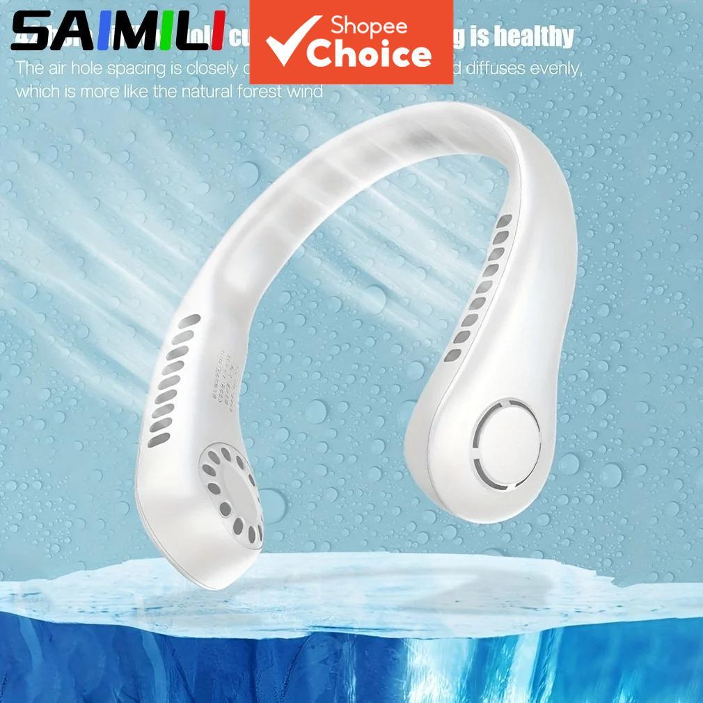SAIMILI Hanging Neck Fan, convenient and compact, offers adjustable angles and USB charging. This leafless design delivers powerful airflow, making it ideal for outdoor use. SAIMILI Kipas Leher Gantung Kipas Kecil Mudah Alih Boleh Laras Mini Kecil USB