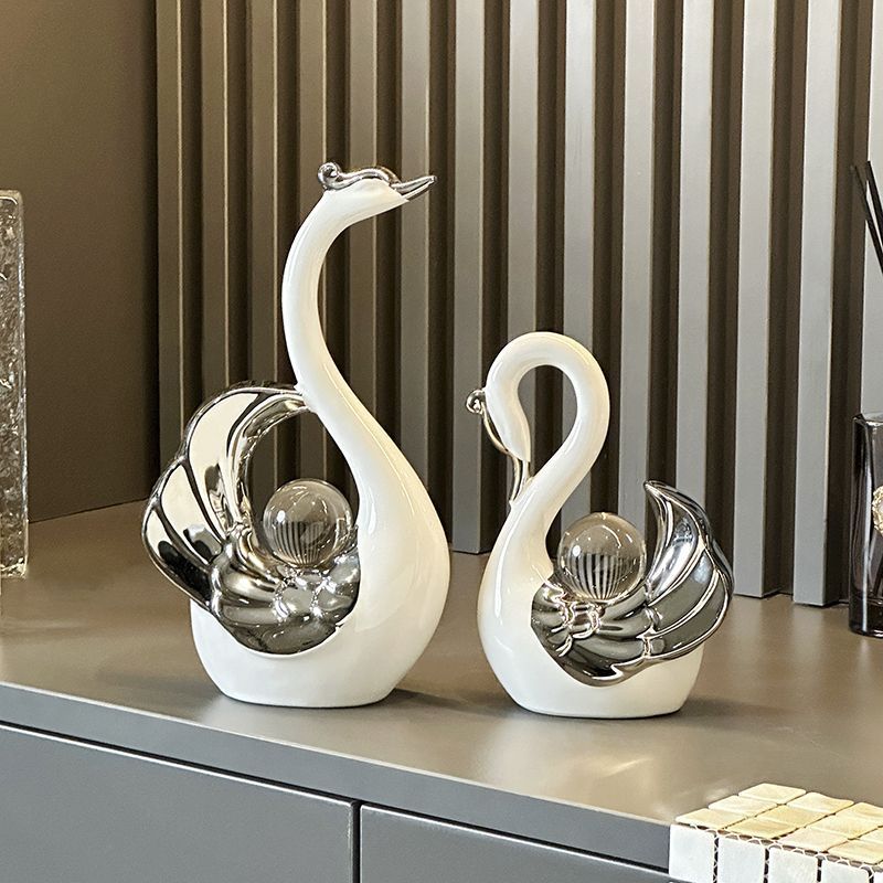 Taiwan Shipping High-End Light Luxury Crystal Ball Couple Swan Pair Ceramic Ornaments Creative Home Living Room Entrance Decorations