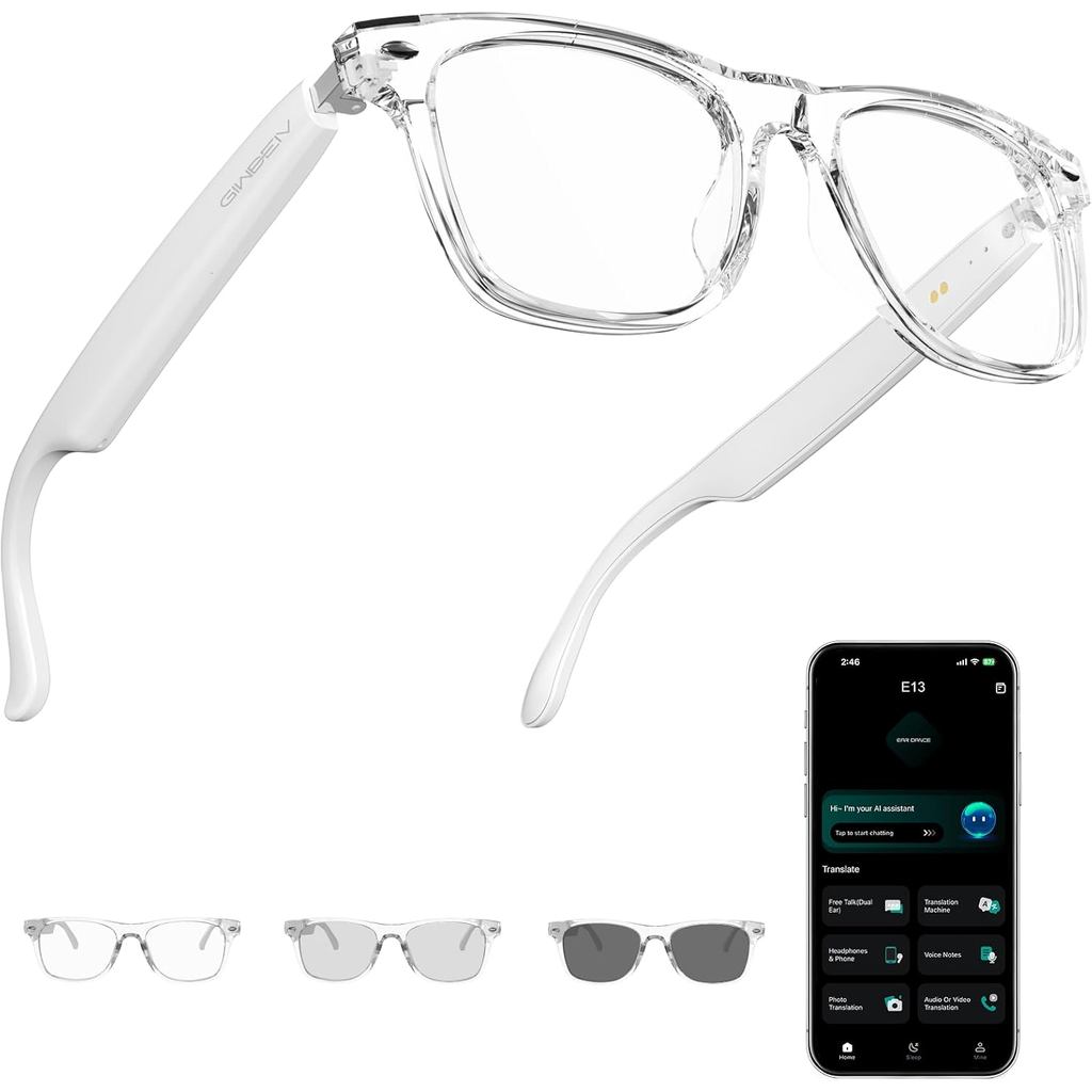 Cermin Mata Pintar AI untuk Wanita & Lelaki dengan ChatGPT, Cermin Mata Bluetooth dengan Terjemahan 165 Bahasa, Lensa Berubah Warna, Analisis Mesyuarat, Main Muzik, Panggilan Bebas Tangan, Perlindungan UV & Cahaya Biru
