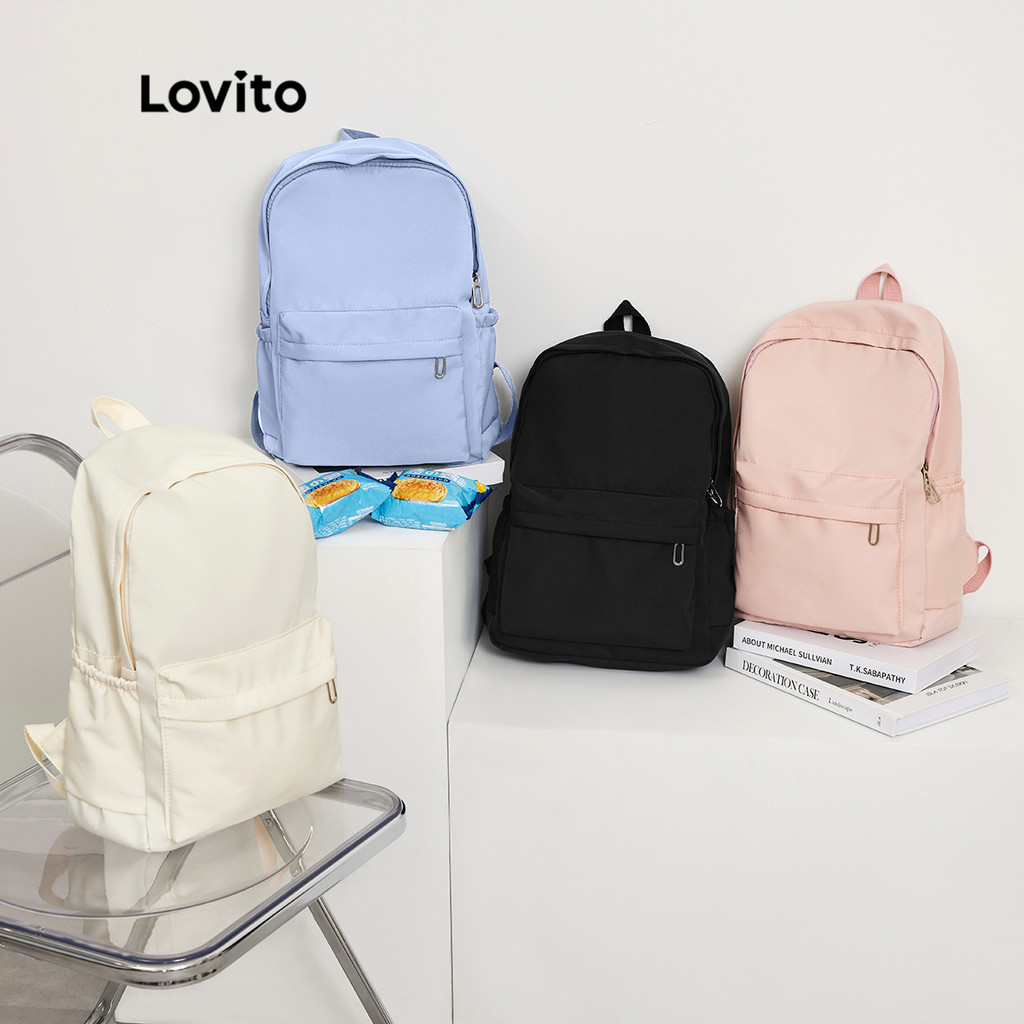 Lovito Preppy School/Student Backpack Plain Colorblock Double Shoulder Strap Multi-pocketed Backpacks for Women L41BA05 (White/Pink/Blue/Black)