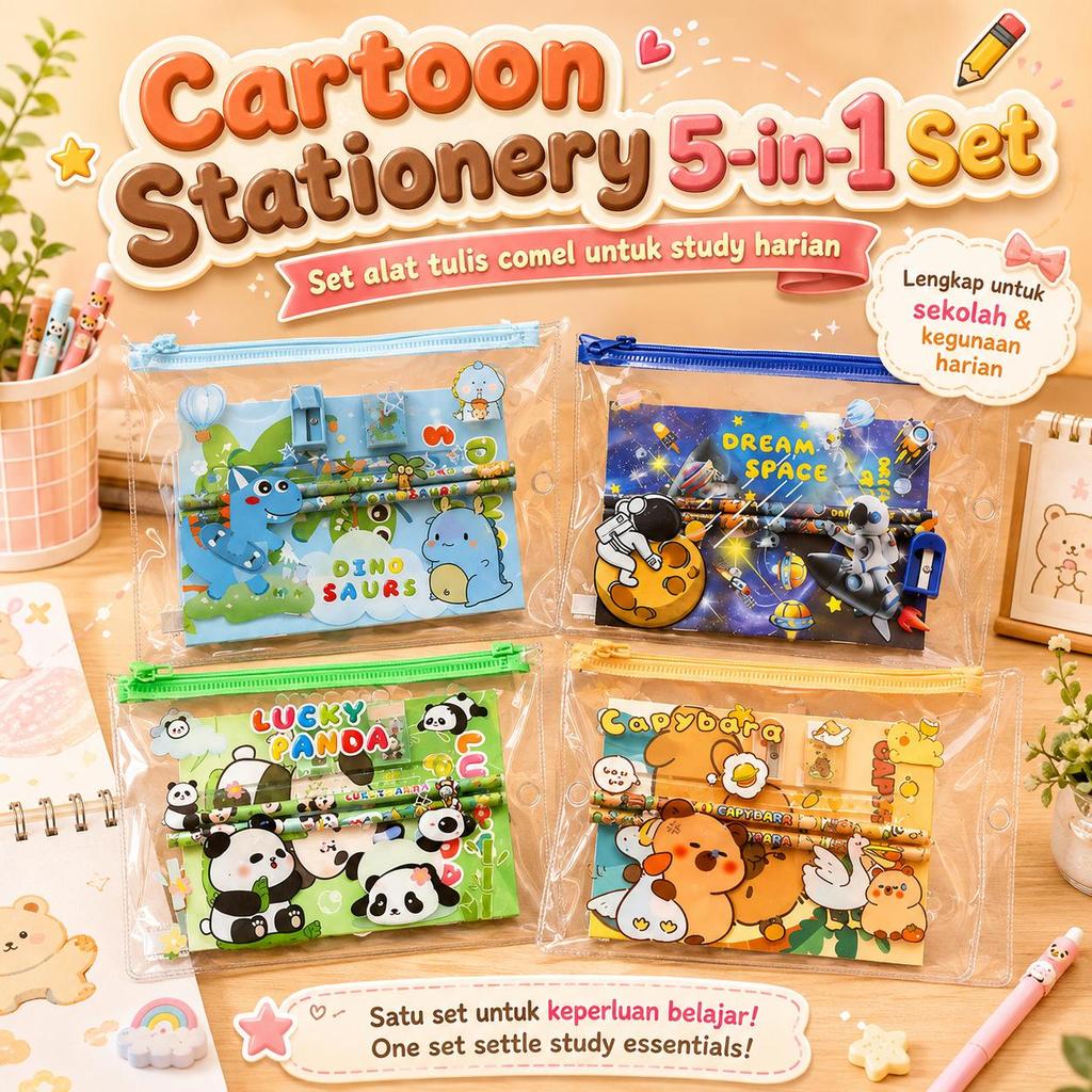 Cute Kawaii Stationery Set 5pcs School Study Kit dalam Clear Pouch untuk Pelajar Teacher Office Practical Gift