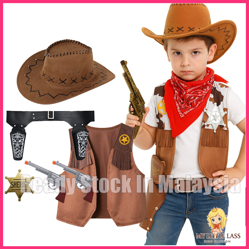MYLITTLELASS Kids Cowboy Costume Hat Vest Belt Holster Toy Gun Sheriff Badge
