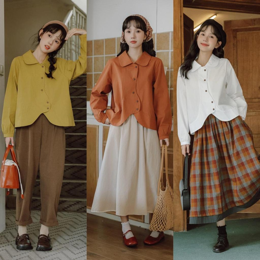 SARI CHIC Retro irregular button long-sleeved shirt short loose plus size cardigan top -99201