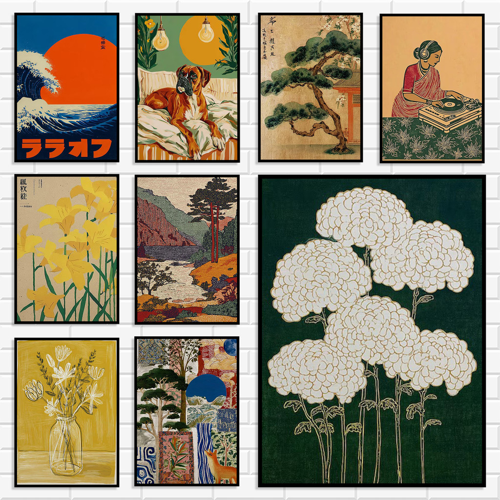 Japanese Ukiyo-e Style Canvas Wall Art Set Retro Floral & Landscape Print Aesthetic Eclectic Poster for Room Home Decor