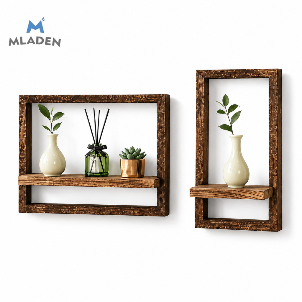 MLADEN Rustic Dark Brown Wooden Wall Mounted Shelf Floating Display Storage Rack Home Decor Rak Dinding Kayu