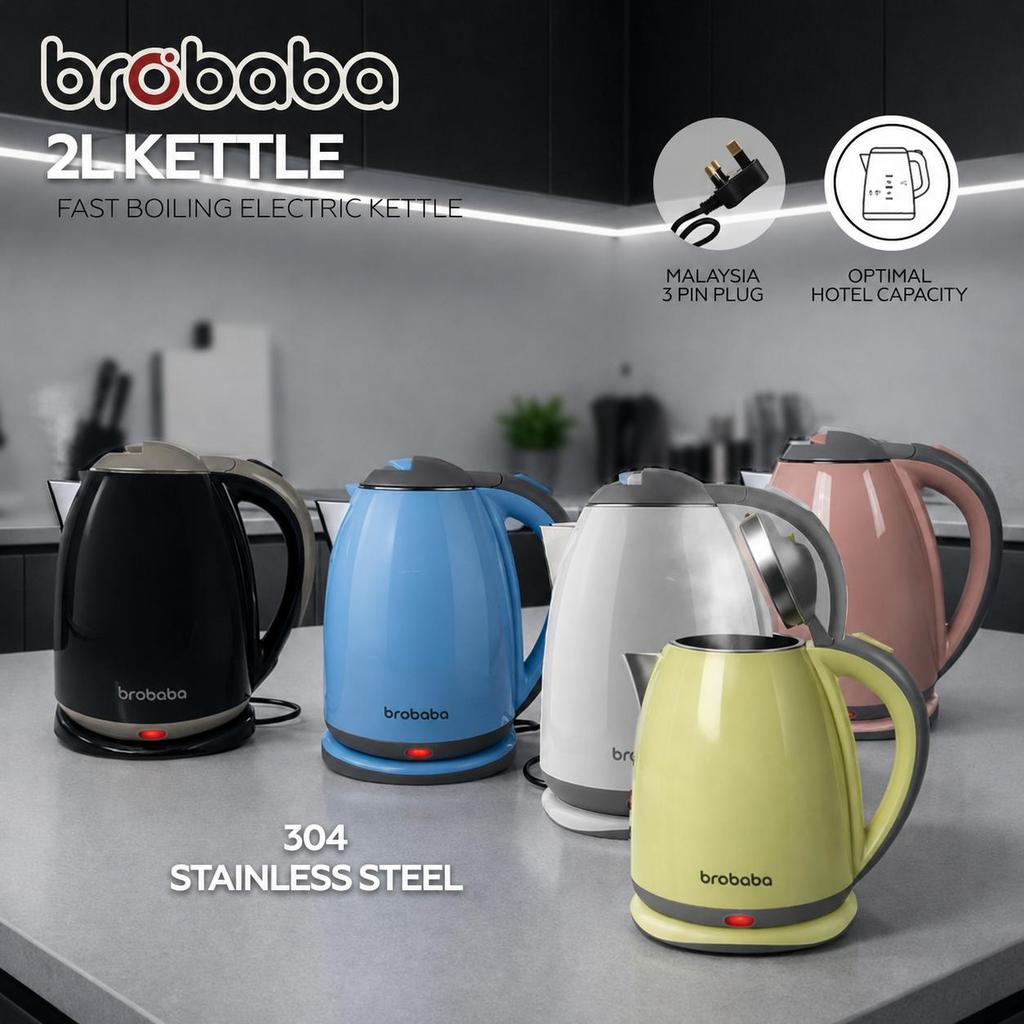 BROBABA 2L Cerek Elektrik Haba Pantas 304 Stainless Steel Fast Boiling Electric Kettle FastBoil Double-Layer Insulated