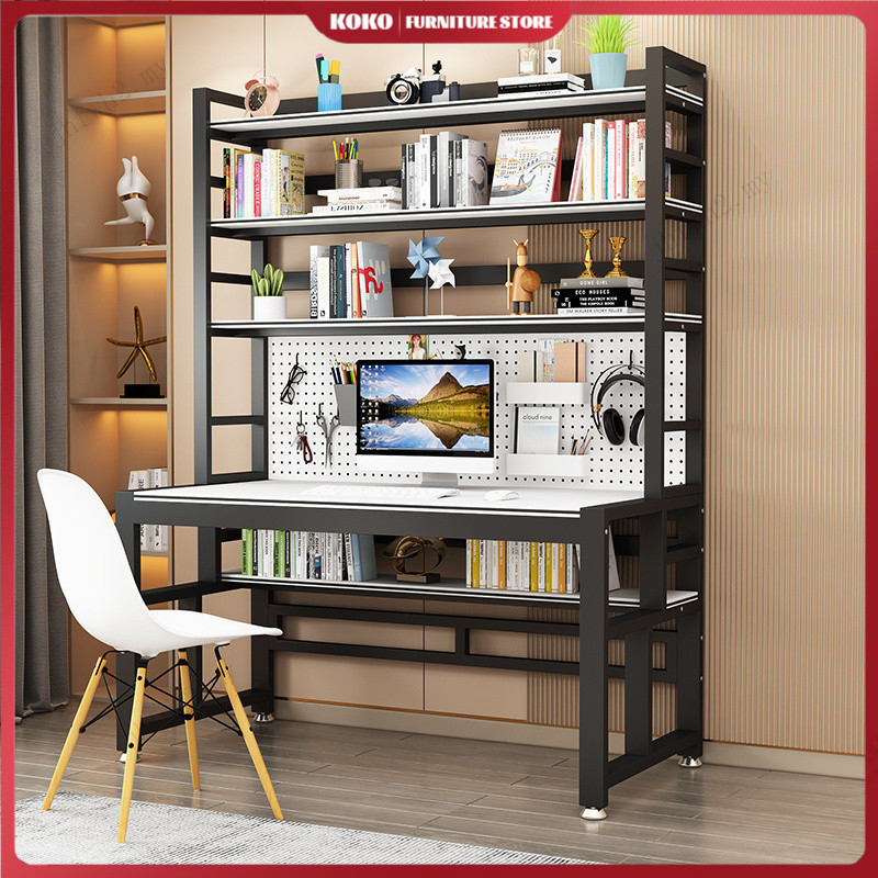 Solid wood computer desk with perforated panel desktop home gaming desk, minimalist office desk, student bookshelf desk, all-in-one study desk