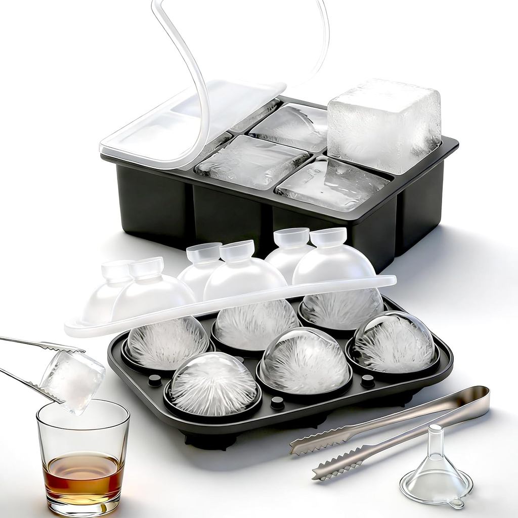 Acuan Ais Berbentuk Segi Empat Besar dengan Penutup & Penjepit Kedap, Dulang Ais Silikon (Set 2) - 6 keping Segi Empat Besar & 6 keping Ais Bola untuk Wiski, Koktel dan Kopi, Menjaga Minuman Tetap Sejuk,