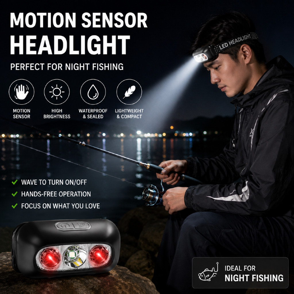 Motion Sensor LED Headlamp Rechargeable USB Type-C Waterproof Hands-Free Head Torch for Fishing, Camping, Hiking, Jungle