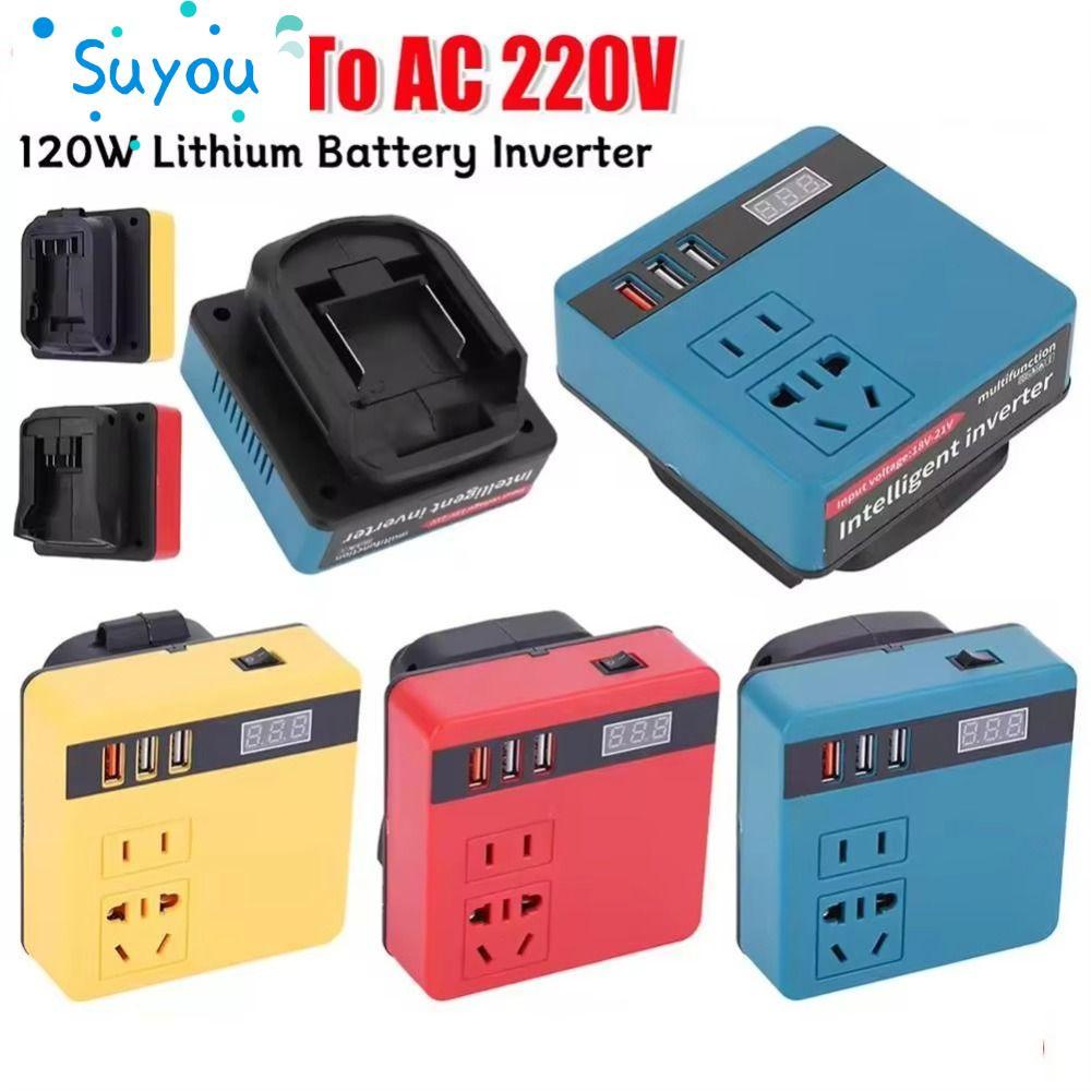 SUYOUPH 1Pcs Battery Inverter, Dual Plug 120W Smart Transformer, 18V 20V To 220V Household Multifunctional Outdoor Work Inverter For Makita For Dewalt For Milwaukee 18V Battery
