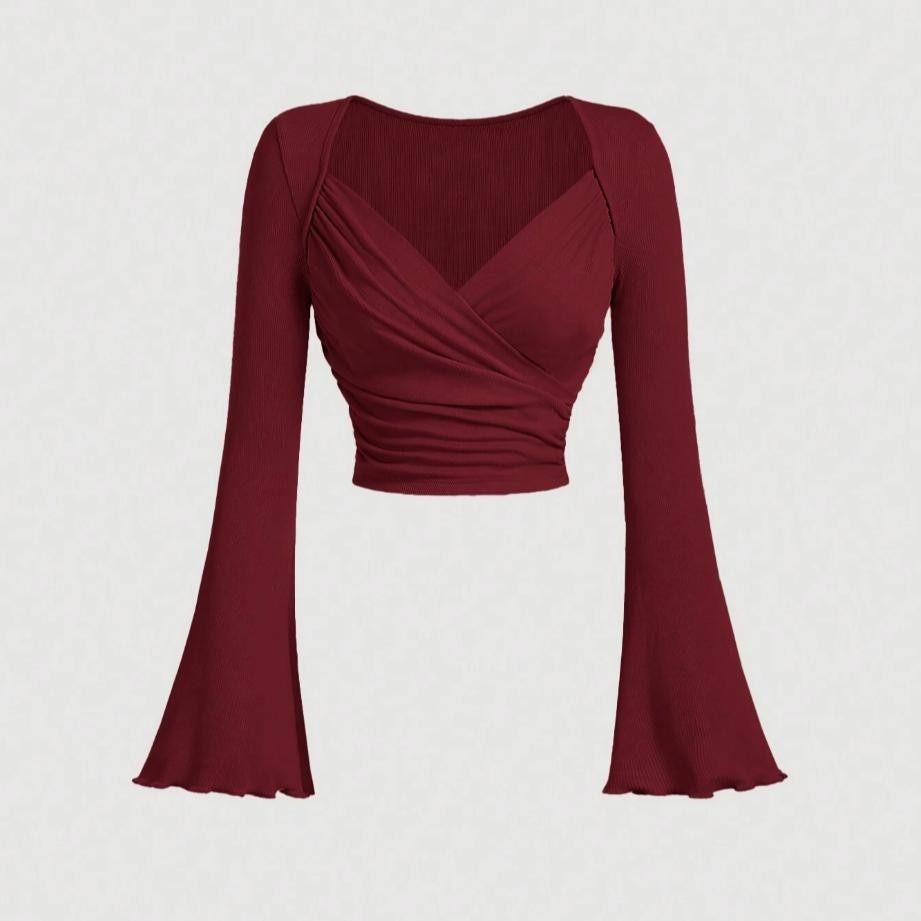 Elegant Red T-Shirt with Wavy Edges and Flared Sleeves - Slim Fit Women’s Autumn Top