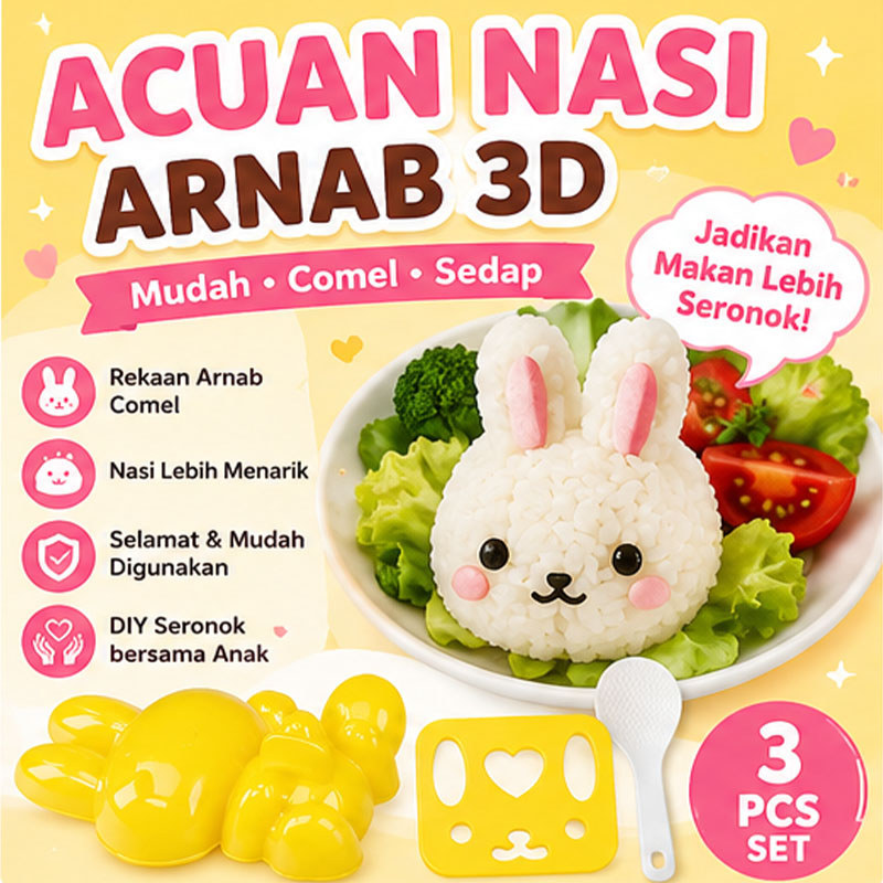 Box Acuan Nasi Cipta Rabbit Rice Mould Set Kids Lunchbox Bento Sushi Rice Ball Mold Bunny Shape Food Mould | 兔子饭团模具