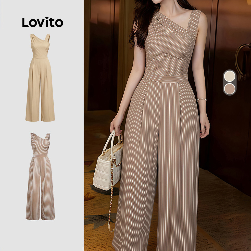 Lovito Elegant Jumpsuit Geometric Pleated Spring/summer Khaki for Women LK4ED772 Lovito Elegant Jumpsuit Geometri Pleated Musim Bunga/panas Jumpsuit Khaki untuk Wanita LK4ED772