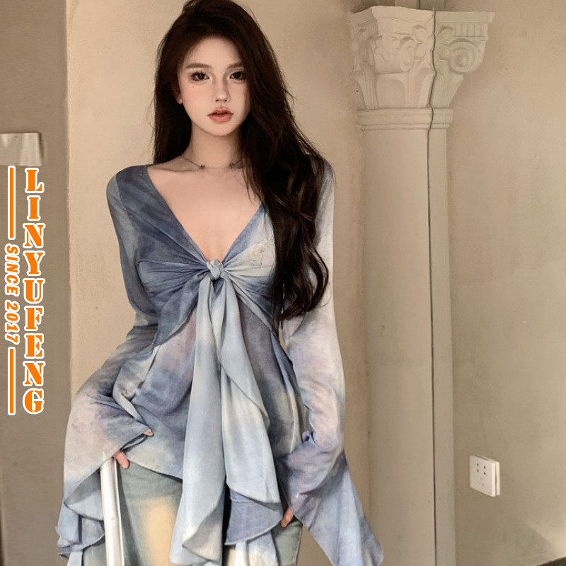 ?Linyufeng? Blue Tie-Dye Ruffle Blouse Women V Neck Korean Style Flare Long Sleeve Loose Casual Fashion Classy Elegant Fitted Ironless Ladies Shirt Top Baju ootd Kemeja Lengan Panjang Perempuan Wanita